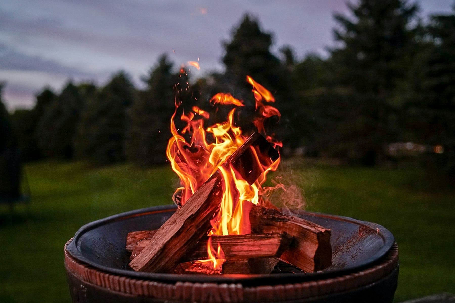 Logs burning in a round steel fire pit at dusk, with pine trees behind