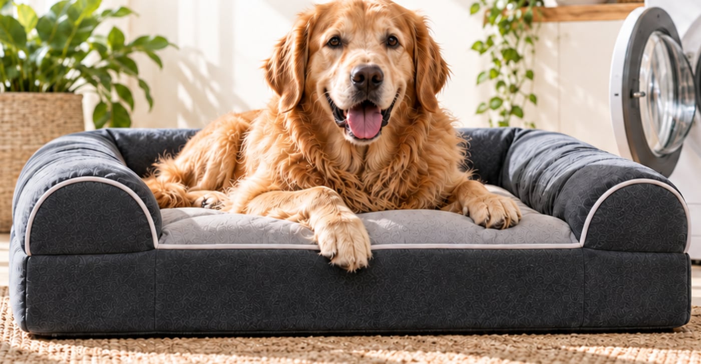 A golden retriever lying on a charcoal Dog Cloud bed with bolster sides